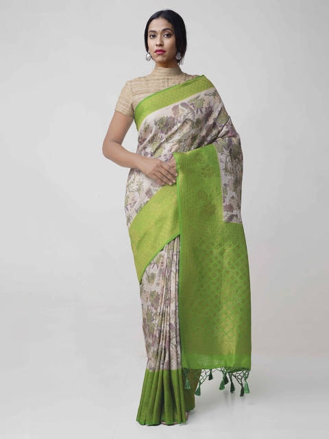 

Unnati Silks Cream-Coloured & Green Silk Cotton Printed Pure Banarasi Saree