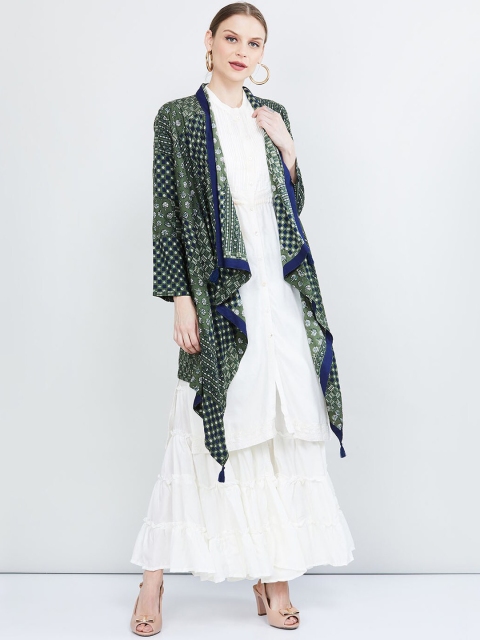 

max Women Olive Green Printed Open Front Longline Ethnic Shrug