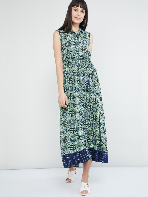 

max Women Green & Navy Blue Printed Shirt Dress