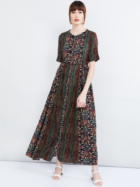 

max Women Navy Blue & Green Floral Printed Maxi Dress