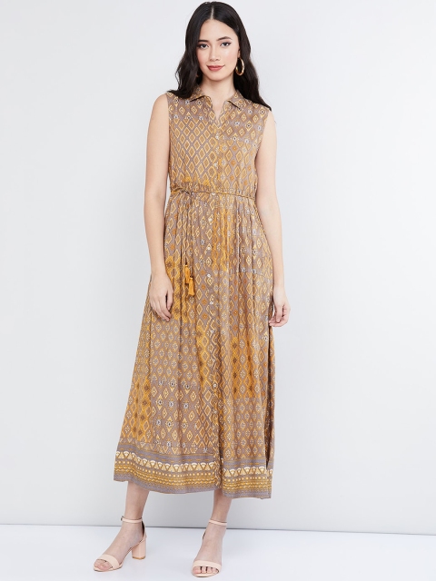 

max Women Mustard Yellow & Brown Printed Maxi Dress