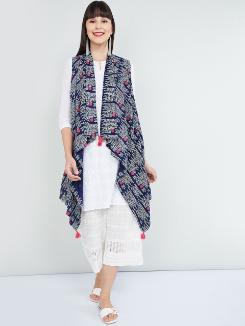 

max Women Navy Blue & White Printed Open Front Shrug