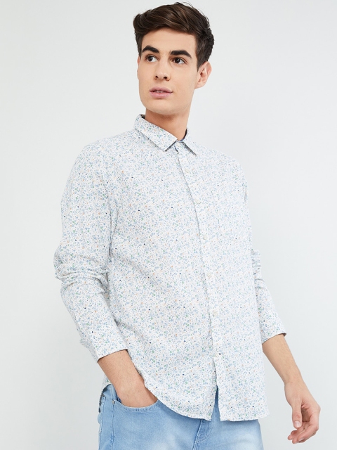 

max Men White & Blue Regular Fit Printed Cotton Linen Casual Shirt