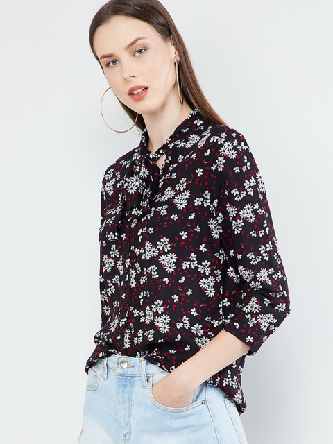 

max Women Black Printed Shirt Style Top