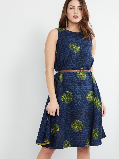 

max Women Navy Blue & Green Printed A-Line Dress