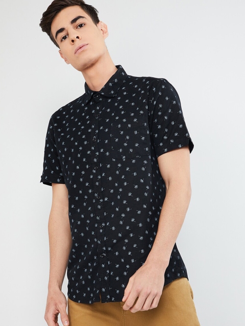 

max Men Black & White Slim Fit Printed Cotton Linen Casual Shirt
