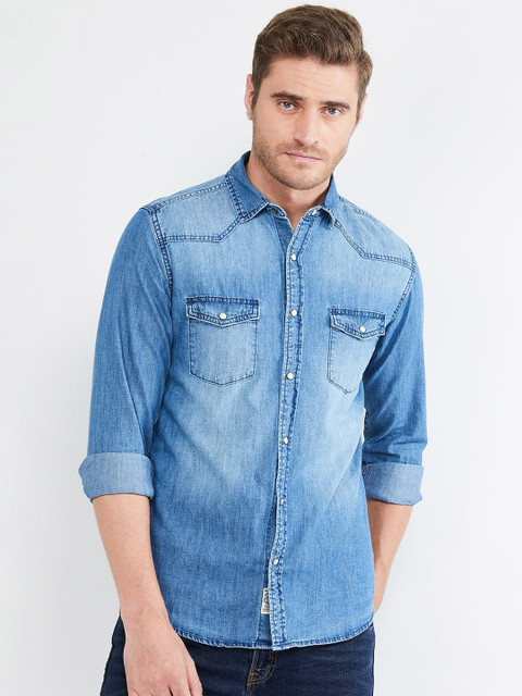 

max Men Blue Slim Fit Solid Casual Denim Shirt