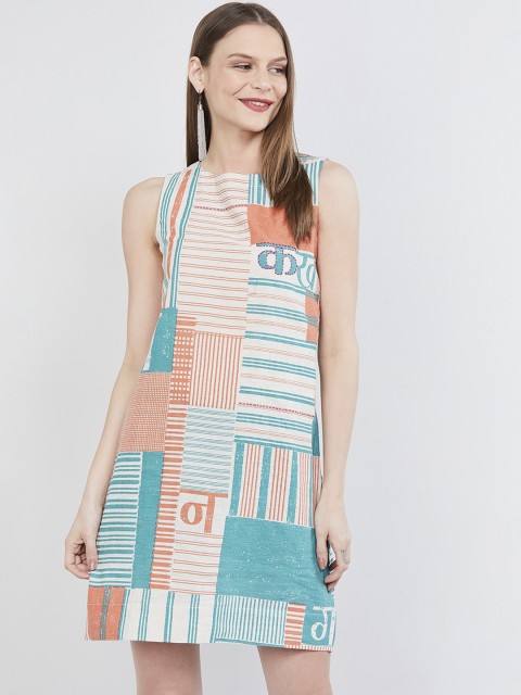 

max Women Cream-Coloured & Peach-Coloured Printed Sheath Dress