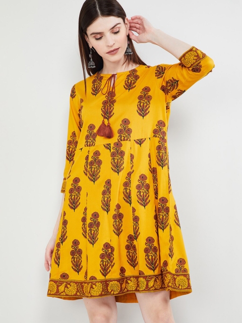 

max Women Mustard Yellow & Brown Floral Printed A-Line Dress