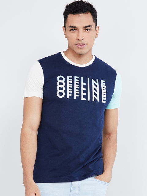 

max Men Blue & White Printed Round Neck T-shirt