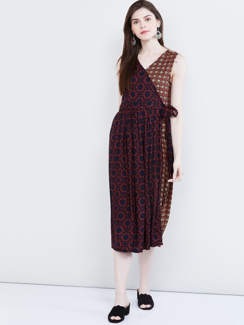 max Women Maroon & Blue Printed Wrap Dress