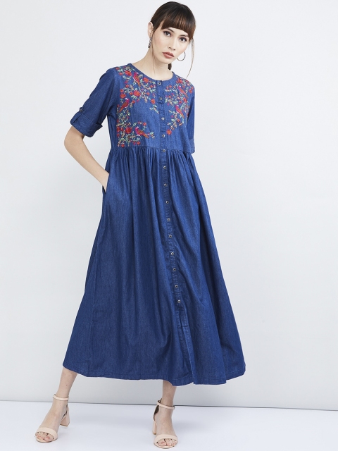 

max Women Blue & Red Floral Embroidered Shirt Dress