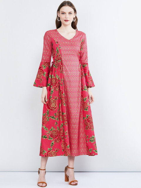 

max Women Pink & Green Floral Printed A-Line Dress