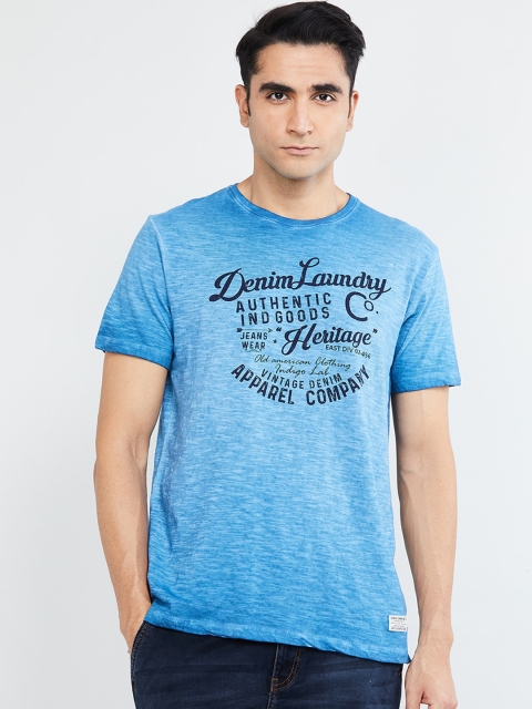 

max Men Blue Printed Round Neck T-shirt