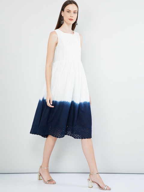 

max Women Off-White & Navy Blue Dyed Fit and Flare Dress