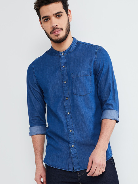 

max Men Blue Regular Fit Solid Casual Denim Shirt