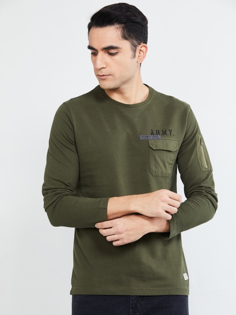 

max Men Olive Green Solid Round Neck T-shirt