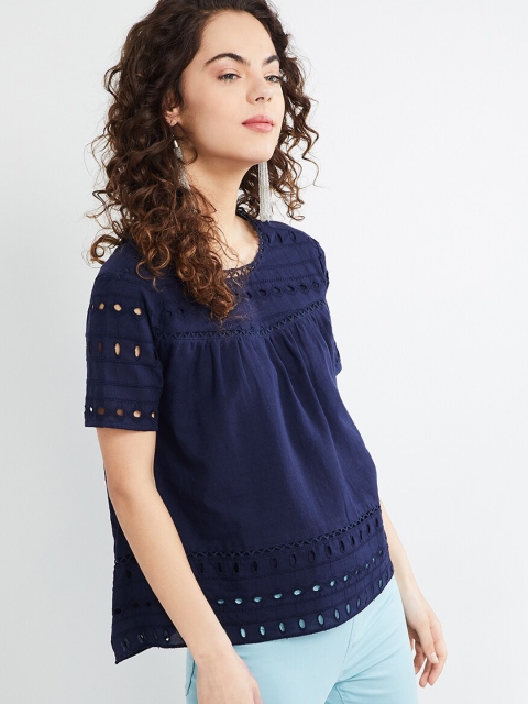 max Women Blue Solid Schiffli Top