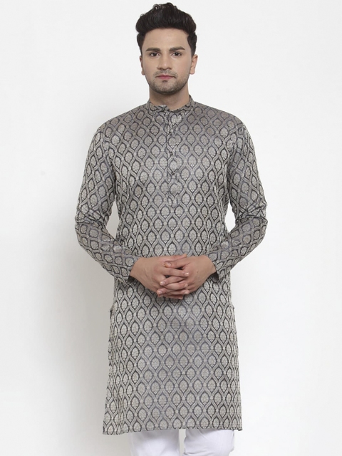 

Jompers Men Grey & Off-White Woven Design Straight Kurta
