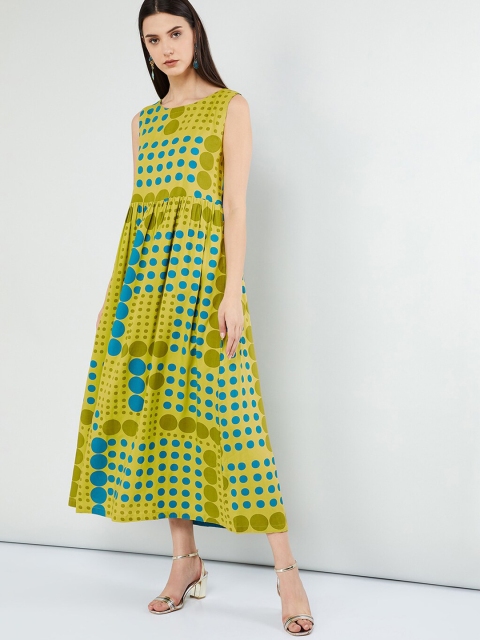 max Women Lime Green & Turquoise Blue Printed A-Line Dress