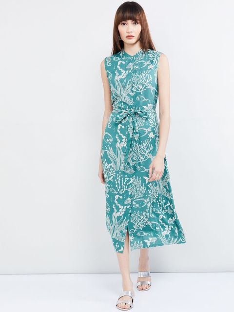 

max Women Sea Green & White Printed Shirt Dress
