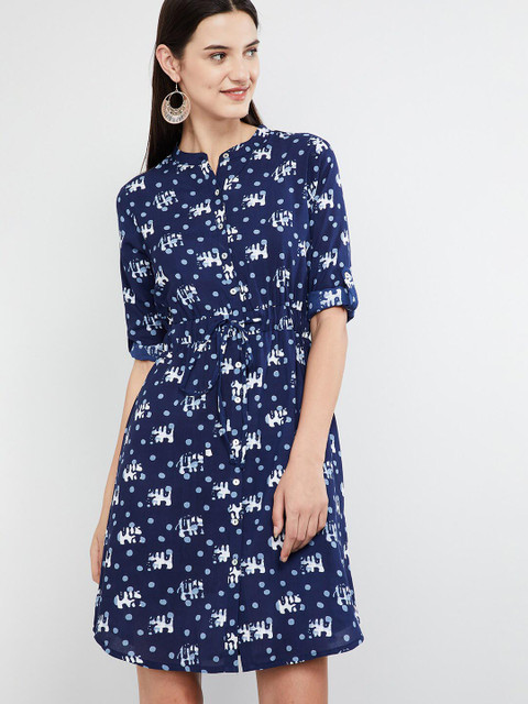 

max Women Navy Blue Printed Fit and Flare Dress