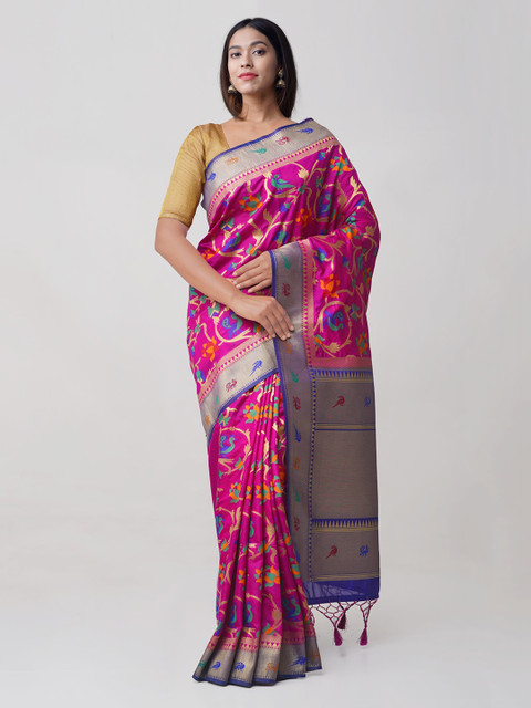 

Unnati Silks Pink & Blue Silk Cotton Woven Design Banarasi Saree