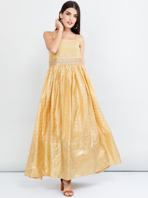 

max Women Beige & Gold-Coloured Checked Embellished Maxi Dress
