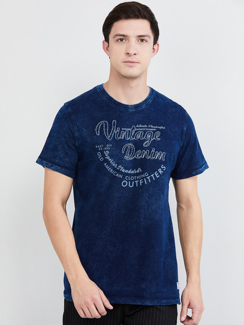 

max Men Blue Printed Round Neck T-shirt