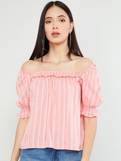 

max Women Pink Striped Off-Shoulder Top