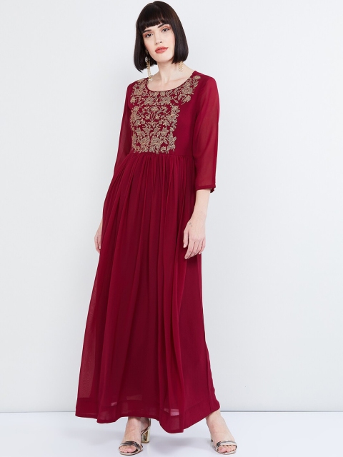 

max Women Maroon Embroidered Maxi Dress