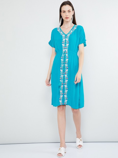 

max Women Turquoise Blue & White Floral Embroidered A-Line Dress