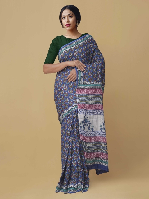 

Unnati Silks Blue & Pink Pure Mulmul Cotton Printed Handloom Saree