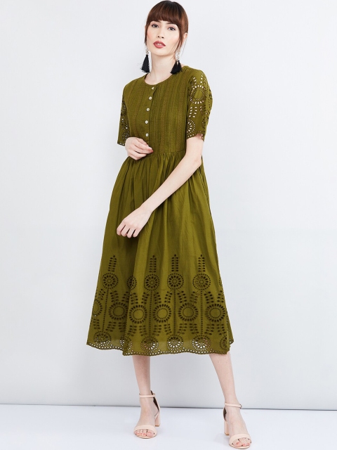 

max Women Olive Green Solid A-Line Dress