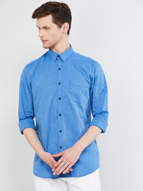 

max Men Blue Slim Fit Solid Cotton Linen Casual Shirt