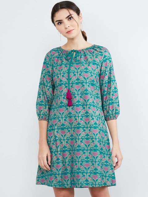 

max Women Turquoise Blue & Pink Printed A-Line Dress