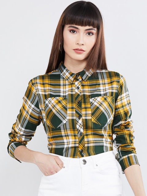

max Women Green & Yellow Regular Fit Checked Casual Shirt