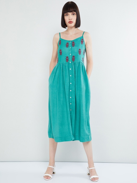

max Women Sea Green & Pink Floral Embroidered A-Line Dress