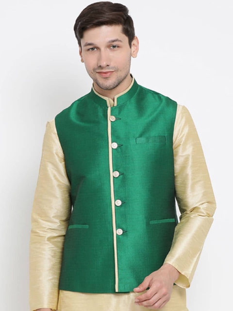 

VASTRAMAY Men Green Solid Woven Nehru Jacket