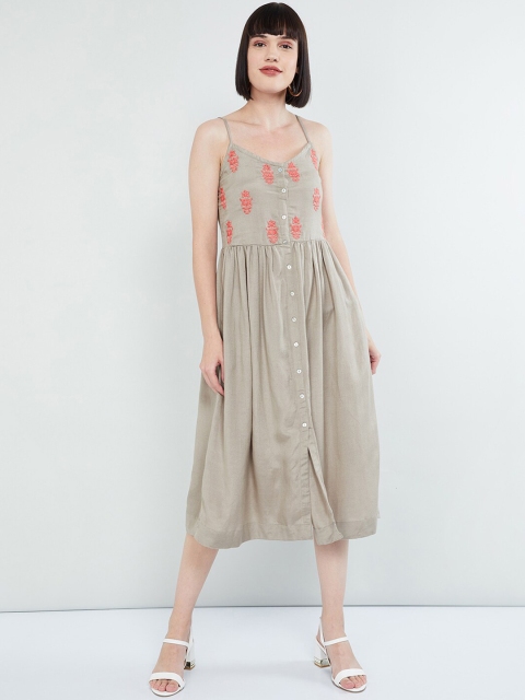 max Women Grey Embroidered A-Line Dress