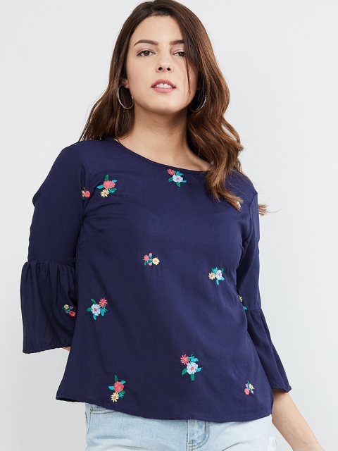 

max Women Navy Blue Embroidered Top