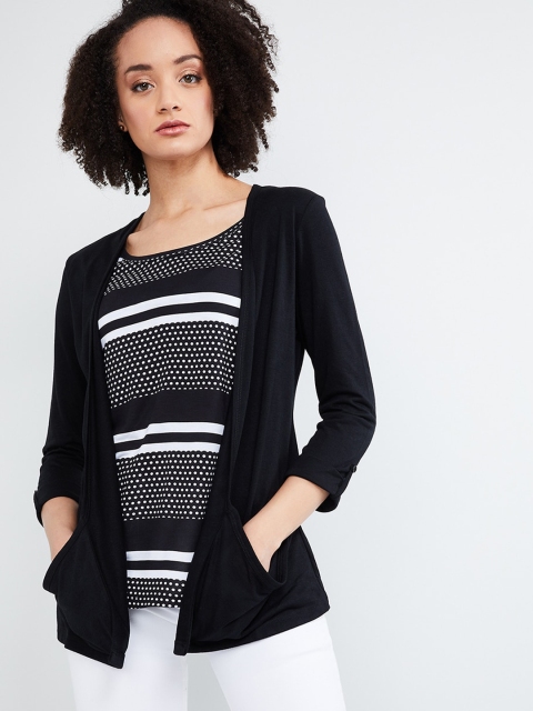 max Women Black & White Striped Top with an Attached Shrug