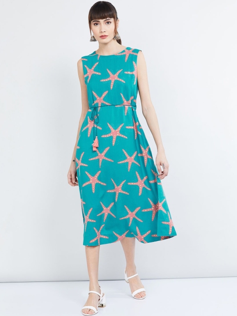 

max Women Turquoise Blue & Pink Printed A-Line Dress