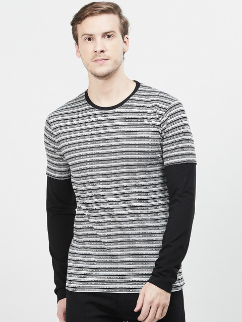 

max Men Grey Melange Striped Round Neck T-shirt