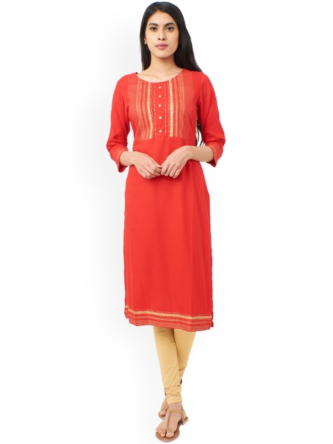 

IMARA Women Coral Orange Printed Straight Kurta