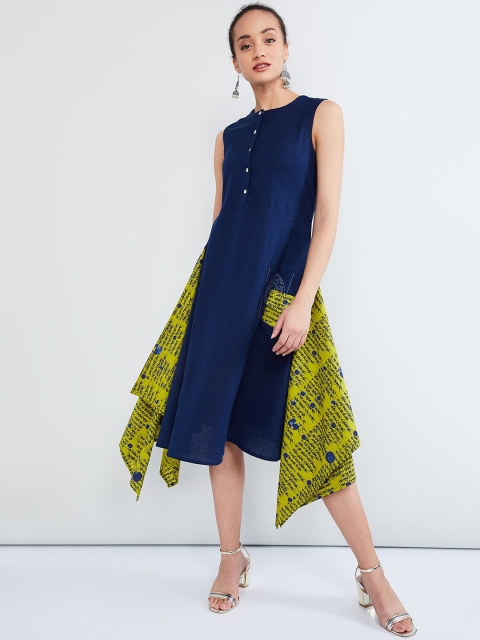 

max Women Navy Blue & Green Printed A-Line Dress