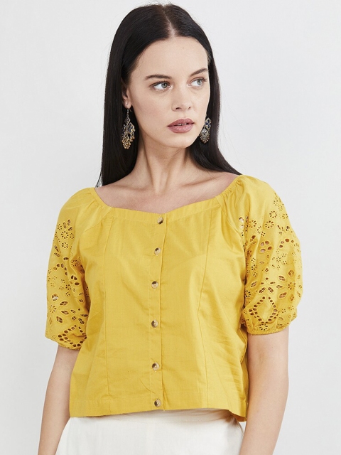 

max Women Mustard Yellow Self Design Blouson Pure Cotton Top