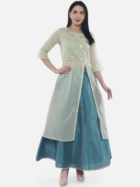 

Be Indi Women Green & Gold-Coloured Brocade Semi Sheer Kurta with Skirt