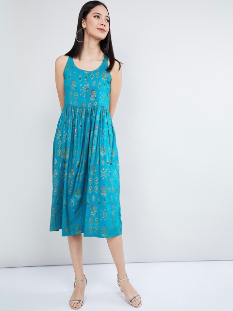 

max Women Turquoise Blue Floral Printed A-Line Dress