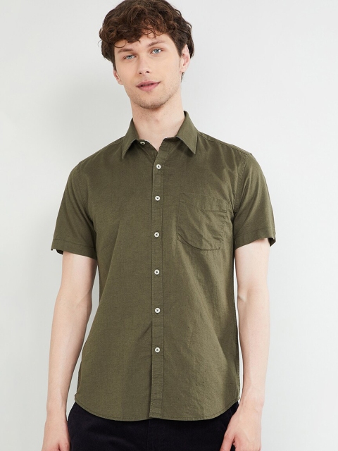 

max Men Olive Green Slim Fit Solid Cotton Linen Casual Shirt